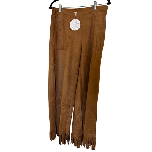 NWT Umgee suede feel fringe stretchy pants with side/back pockets caramel color - Picture 2 of 3